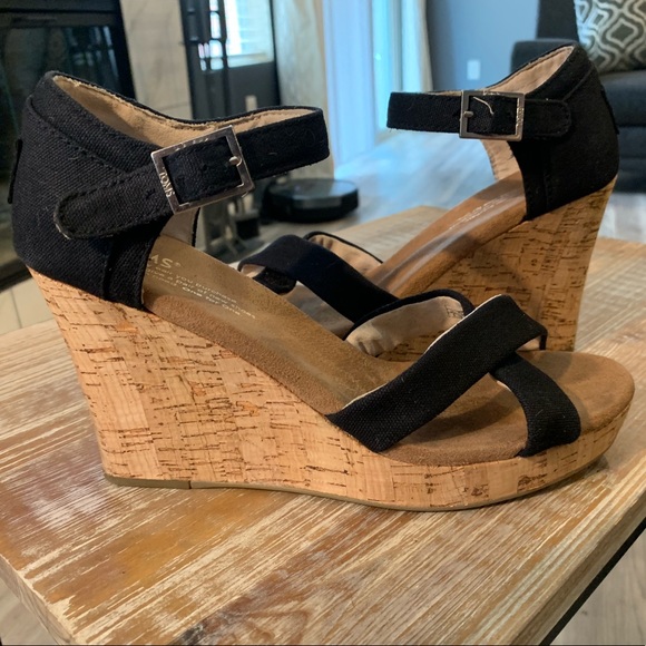 Toms Shoes - Toms black and cork wedge sandals size 8